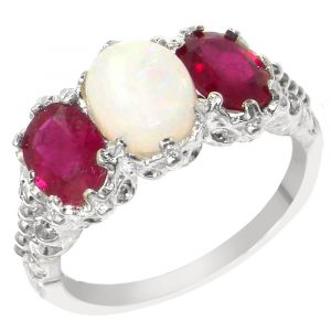 Silver Opal & Ruby 3 Stone Ring