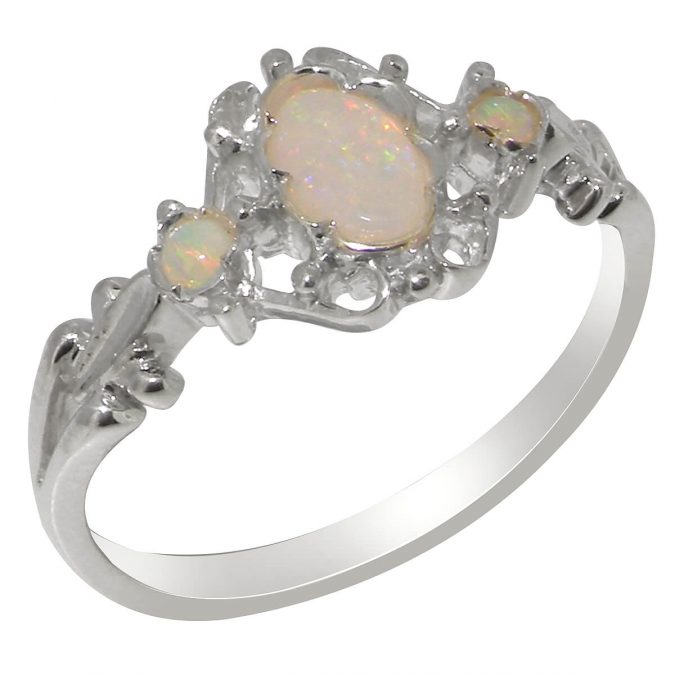 White Gold Natural Opal Womens Trilogy Ring
