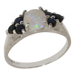 White Gold Natural Opal & Sapphire Womens Cluster Ring