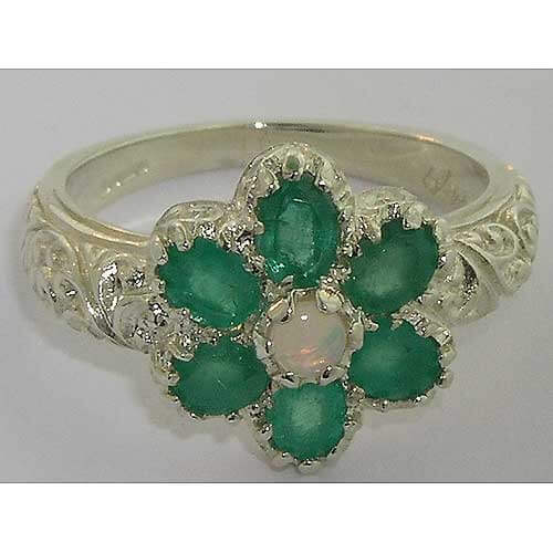 Sterling Silver Fiery Opal & Emerald Ring